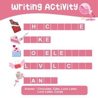 Find the missing letter worksheet. Educational spelling printable game worksheet. Valentine theme. Vector file.