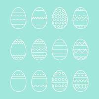 Linear set of white Easter eggs with patterns, ornaments on turquoise background. Perfect for easter pattern, stickers, coloring page, logo, banner. Easter vector illustration. Spring holiday drawing