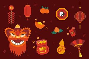 Celebration chinese new year icons holiday set on dark red background.