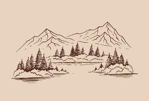 montaña con pinos y paisaje de lago. ilustración dibujada a mano convertida en vector. vector