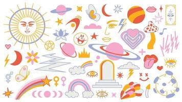 Magic background groovy in retro trend style with clipart elements. mystical vector isolated pattern. editable stroke clipart stickers. Esoteric element witchcraft. Collection of occult symbols y2k