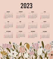 Calendar 2023 with 12 months. Sunday week start annual calendar. Single page calendar template with hand drawn boho plants and flowers. vector illustration