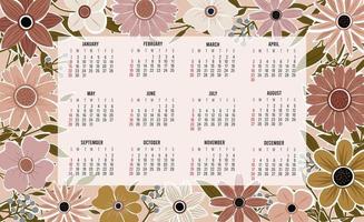 Calendar 2023 with 12 months. Sunday week start annual calendar. Single page calendar template with hand drawn boho plants and flowers. vector illustration