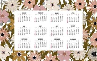 Calendar 2023 with 12 months. Sunday week start annual calendar. Single page calendar template with hand drawn boho plants and flowers. vector illustration