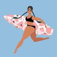 Brunette girl running with surfboard. Woman with surfing board. Tanned female surfer with terrazzo print board. Active summer sports vector illustration. Modern poster design for web and print.