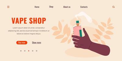 Vape shop colorful web page. Electronic cigarettes and vape. Modern vector illustration. Alternative smoking device. Flat vector design for web.