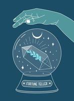 Hand holding fortune teller with crystal gem inside, outline illustration. Magic crystal concept. Modern vector illustration. Transparent line art gem with leaf and stars. Minimalistic design for web.