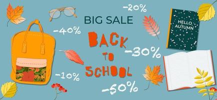Big sale of school supplies, discounts. Back to school autumn concept. Pupil's supplies. Vector illustration in a flat style on a blue background. All objects are isolated.