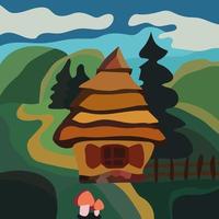 Hills and mountains with mushrooms against the backdrop of the Ukrainian Hut. Trees and roads in the background. vector illustration.