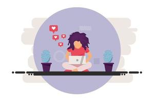 women person working with laptop. girl people sitting on floor send mini heart workplace, pink circle background, flat style. vector  illustration for infographics, web banner, mobile, present.