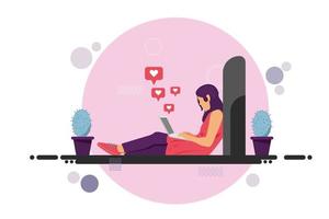 mujer persona trabajando con laptop. las chicas sentadas en el suelo envían un lugar de trabajo de mini corazón, fondo de círculo rosa, estilo plano. ilustración vectorial para infografías, banner web, móvil, presente. vector