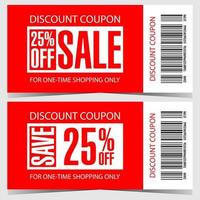 Discount coupon for sale promotion to save money during the shopping season. Vector illustration of price discount ticket, talon, token, flyer or voucher with bar code in white and red colours.