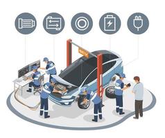 EV Electric Car Service center with customer Inspector Inspection Auto Engineer and Motor Technician Maintenance and Repair isometric vector icon isolated