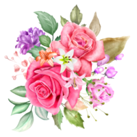 Beautiful hand drawing rose flowers and green leaves floral bouquet png