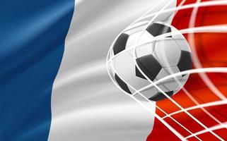 Realistic leather soccer ball in the net with flag of France. 3d vector illustration