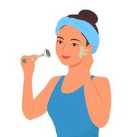 Smiling woman do face roller massage and guasha scraper. Vector illustration