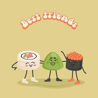 Cartoon characters are best friends. Japanese kawaii nigiri sashimi, sushi maki, vassabi with text. Asian food. Doodle drawn vector illustration for menu, poster, flyer, banner, cooking concept