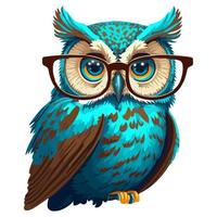 blue bird owl in big glasses for sight. smart animal. flat vector illustration.