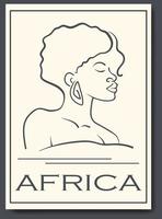 African woman portrait line drawing beige poster. Minimalistic modern women face continuous line art for prints, tattoos, posters, textiles, postcards. Vector illustration