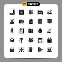 25 User Interface Solid Glyph Pack of modern Signs and Symbols of arrow setting globe room bed Editable Vector Design Elements