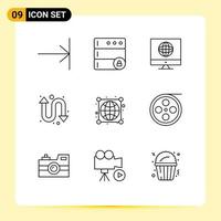 Mobile Interface Outline Set of 9 Pictograms of camera worldwide news globe watch kit Editable Vector Design Elements