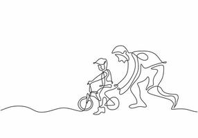 father son one line drawing with dad and child riding bicycle. vector