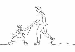 baby and father one line drawing with child on stroller walking vector