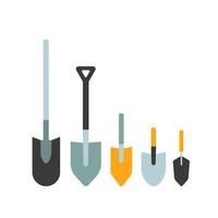 Shovel, spade vector illustration set. Flat style garden hand shovels isolated on white background. Garden tool, equipment for farm, summer utensil.