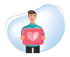 3d cartoon man holding a pink board with heart symbol. Handsome cartoon character man in blue shirt holding red like icon with heart shape symbol isolated over white background