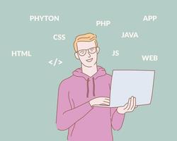 programmer holding laptop with some programming language text with outline or line and clean simple people style vector