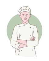 chef profesional con sonrisa y brazos cruzados con contorno o línea y estilo simple y limpio vector