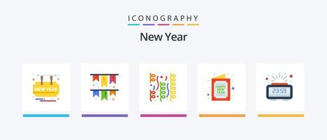 paquete de iconos flat 5 de año nuevo que incluye reloj. nuevo. celebracion. feliz. tarjeta. diseño de iconos creativos vector