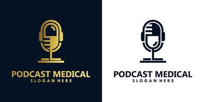 logo simple médico de podcast con combinación de micrófono y auriculares vector