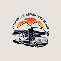Camper van adventure mountain logo design vector
