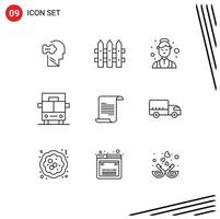 Editable Vector Line Pack of 9 Simple Outlines of delivery text female file vehicles Editable Vector Design Elements