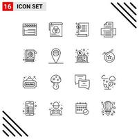 Mobile Interface Outline Set of 16 Pictograms of romantic book document printer device Editable Vector Design Elements