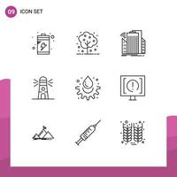 Mobile Interface Outline Set of 9 Pictograms of water house city navigation lighthouse Editable Vector Design Elements