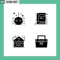 Pack of 4 Modern Solid Glyphs Signs and Symbols for Web Print Media such as bug settings spider education box Editable Vector Design Elements