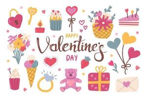 Happy Valentines Day set. Cute romantic elements with lettering. Vector illustration in hand drawn style on white background