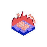 recession Cost curve isometric icon illustration color red, blue, purple. Conceptual business story. Financial crisis, economic recession, bankruptcy, depression. vector