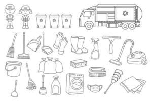 Hand drawn Vector illustration Cleaning equipment set with cleaners and garbage truck