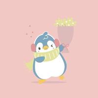 lindo y encantador pingüino dibujado a mano sosteniendo una flor con corazón, feliz día de San Valentín, concepto de amor, diseño de vestuario de personaje de dibujos animados de ilustración vectorial plana vector