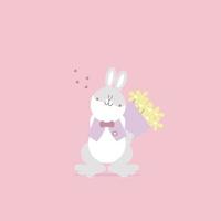 animal pet bunny rabbit and flower, valentines day, happy easter, flat vector illustration cartoon character