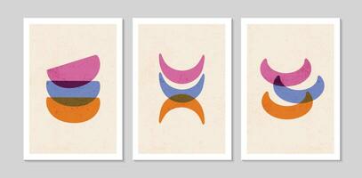 Set of abstract contemporary mid century posters with geometric shapes and texture. Design for wallpaper, background, wall decor, cover, print, card. Modern boho minimalist art. Vector illustration.