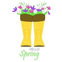 Bouquet of flowers in boots. Yellow boots. Hello spring card or square banner. Vector illustration.