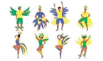Set of carnival people. Many Latin people dancing in carnival Brazil costume with wings. Vector illustration.