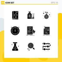 Editable Vector Line Pack of 9 Simple Solid Glyphs of forum stopwatch gold growth hand Editable Vector Design Elements