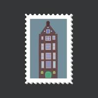 Amsterdam cozy and cute house postage stamp on a grey background. vector