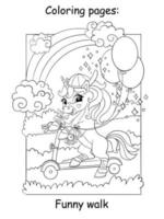 Cute unicorn riding a scooter kids coloring vector