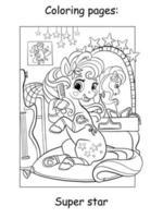 Super star singer unicorn combs her mane in the dressing room kids coloring vector